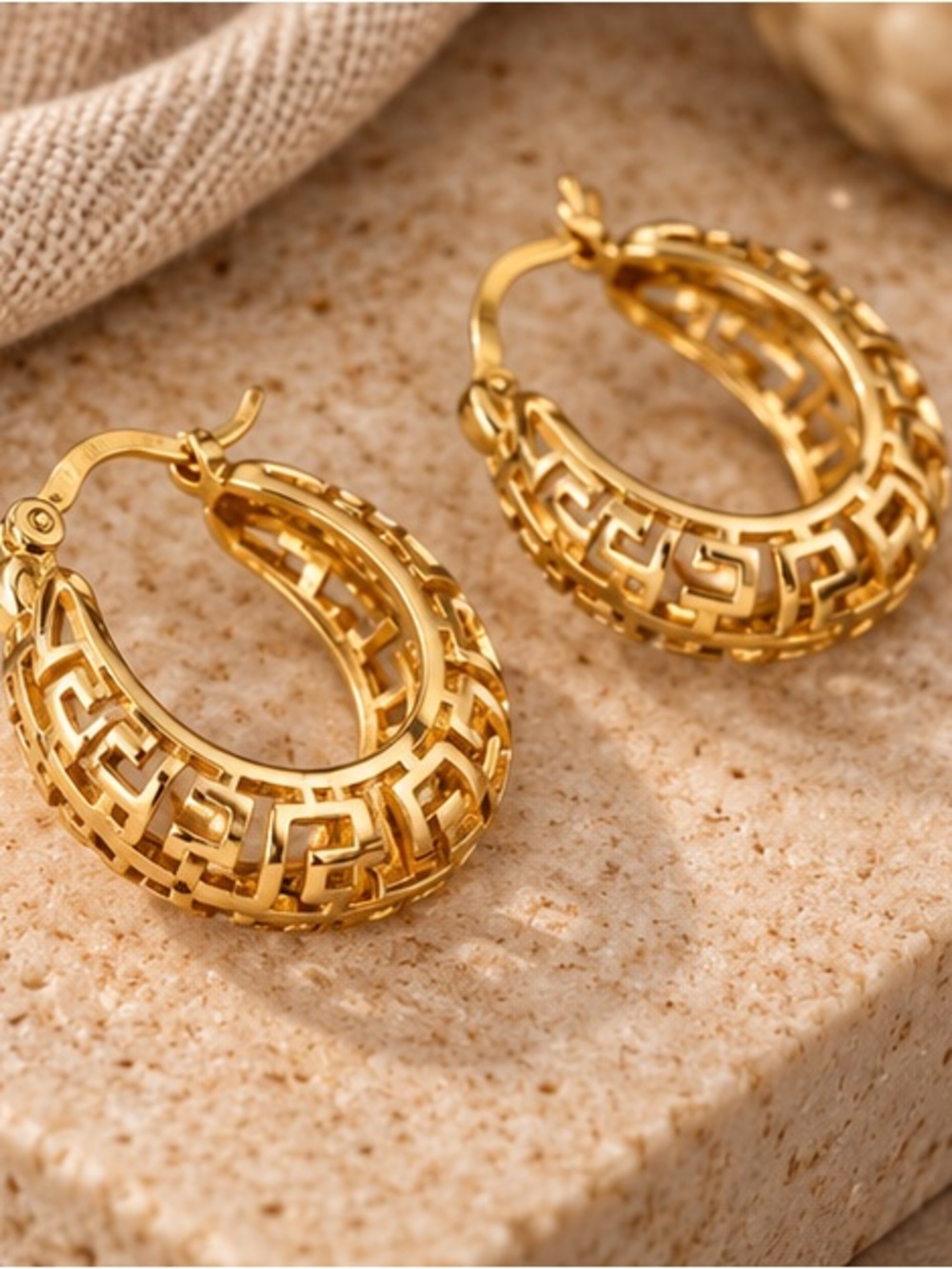 Gold Greek Key 1.1โ Chunky Hoop Earrings Designer Inspired
